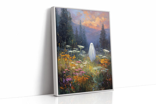 Ghostly Meadow Landscape Canvas - Whimsical Nature Art - White Framed Canvas image 1