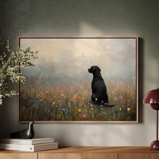 Serene Black Lab in Wildflowers – Rustic Dog Art Print