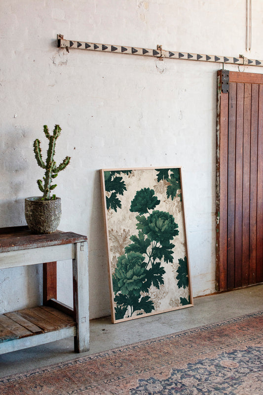 Emerald Blooms on Rustic Canvas