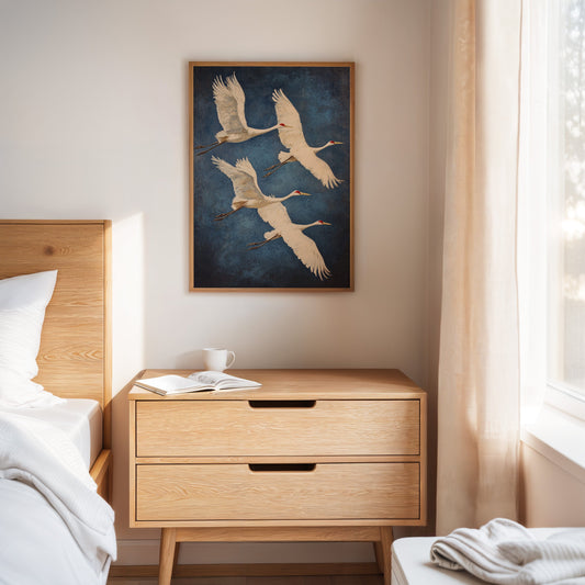 Graceful Flight – Vintage Crane Wall Art, Elegant Nature-Inspired Home Decor
