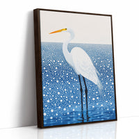 White Egret in Snowfall – Elegant Minimalist Bird Wall Art