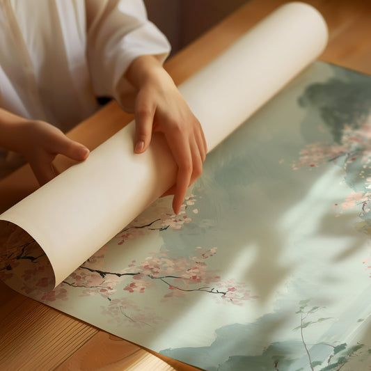 Cherry Blossoms Dance Above Misty Peaks
