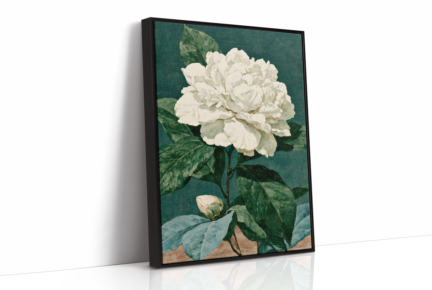 White Bloom on Cracked Teal Canvas