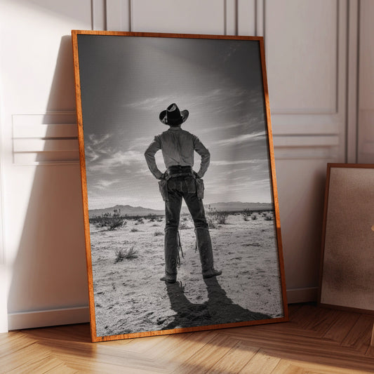 Framed black and white photograph of a cowboy in a desert landscape on a wooden floor.