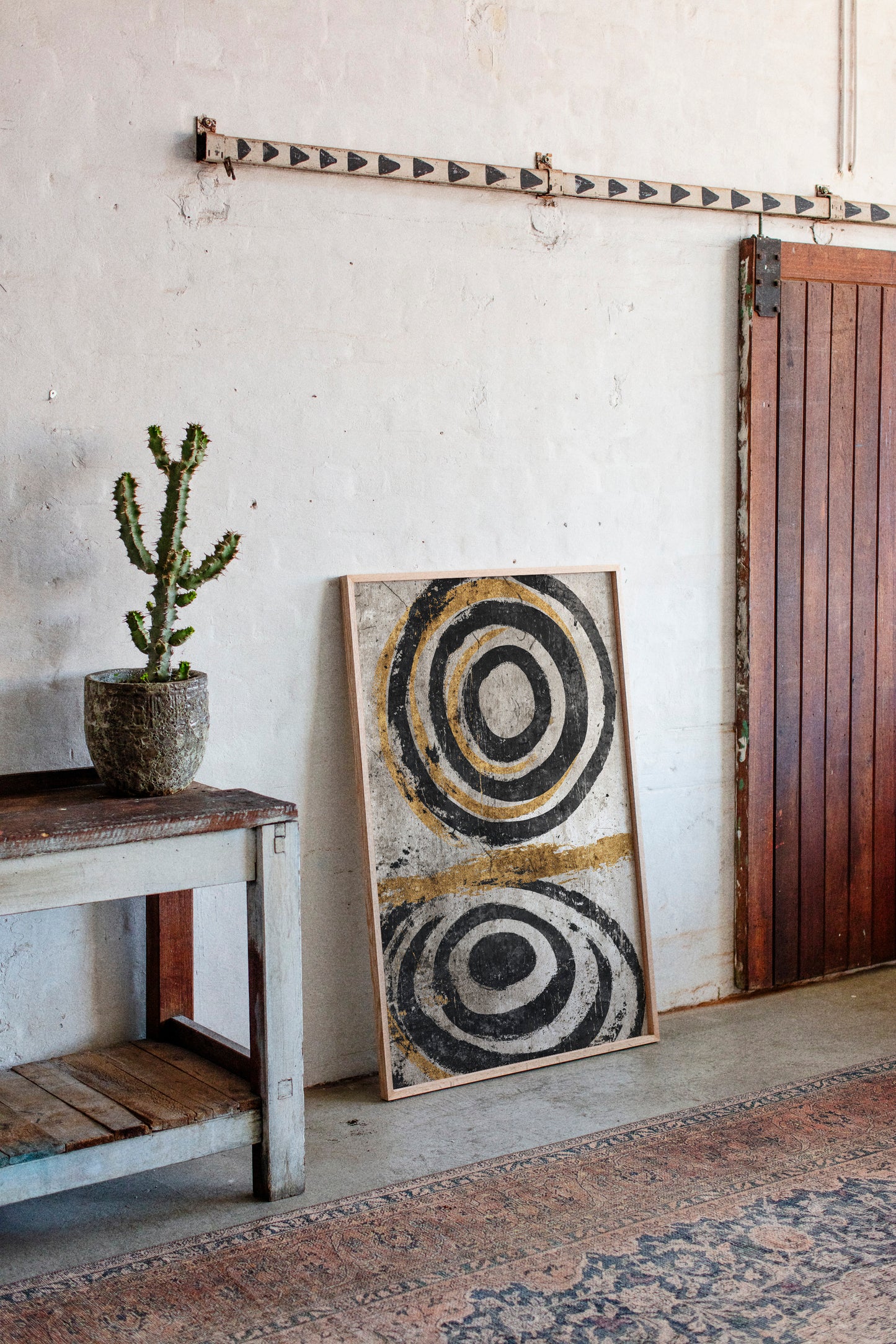 Golden Circles on Weathered Canvas