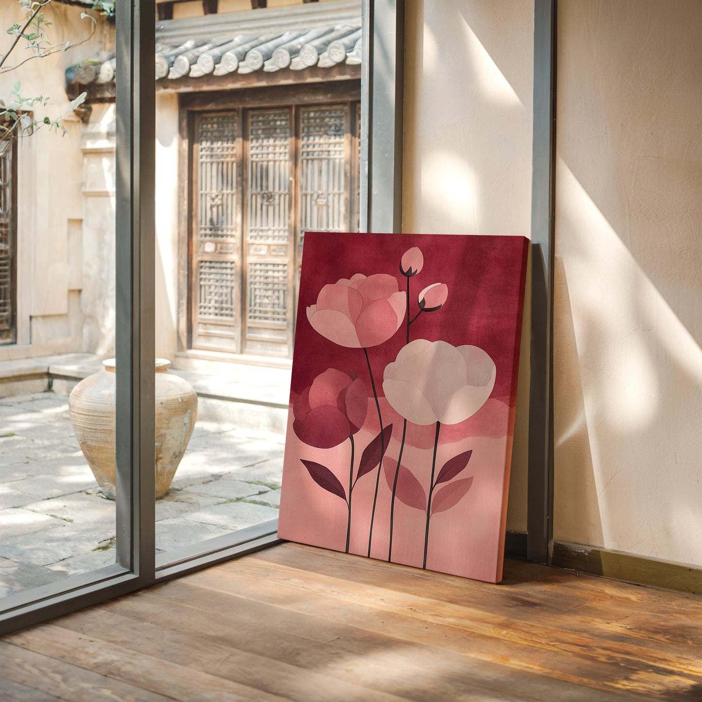 Peonies Rise Through Burgundy Mist