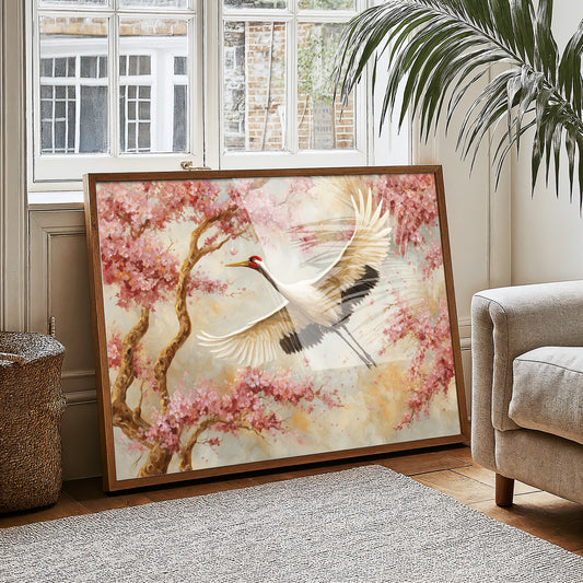 Cherry Blossoms Dance With Crane's Grace