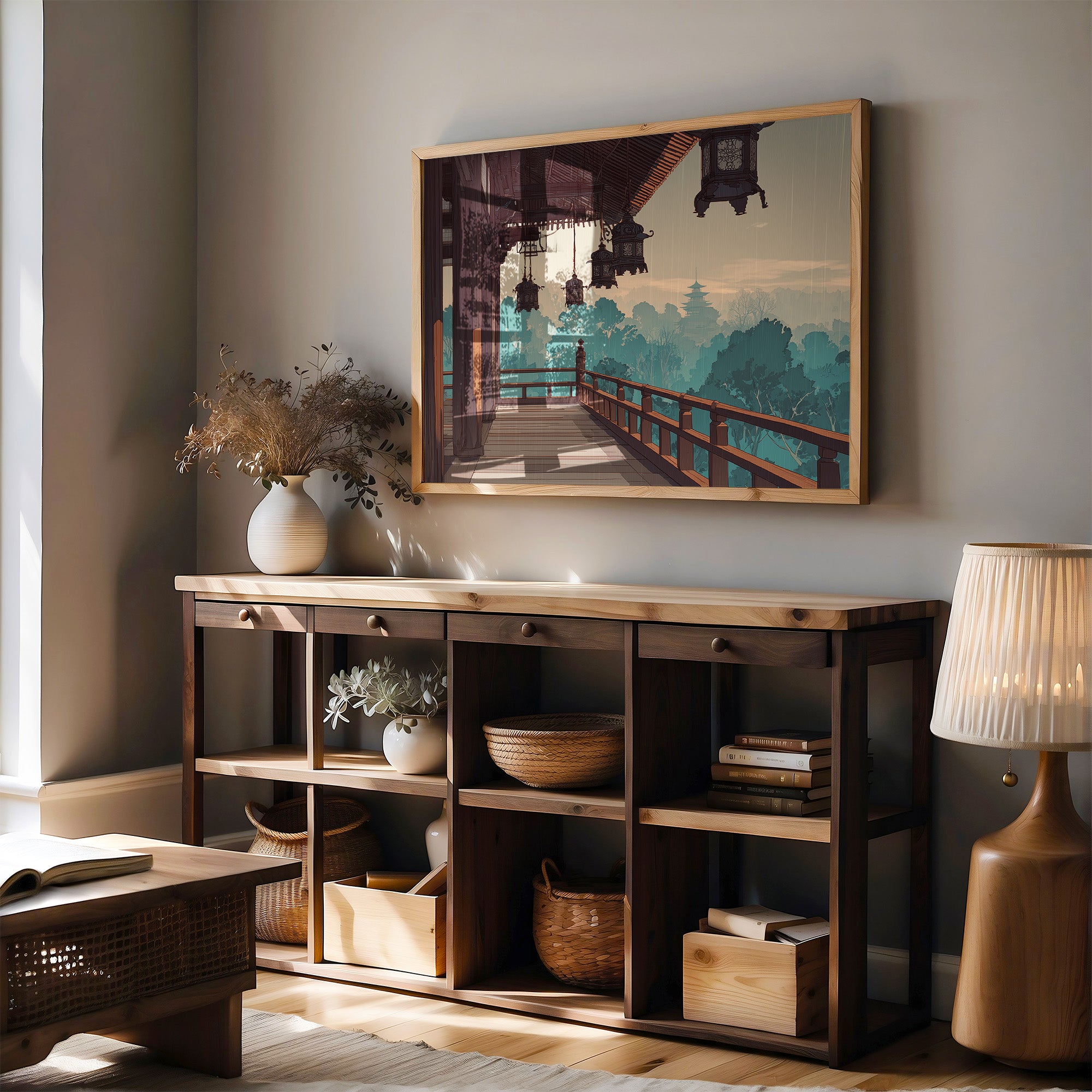 Temple Lanterns Guide Misty Dawn