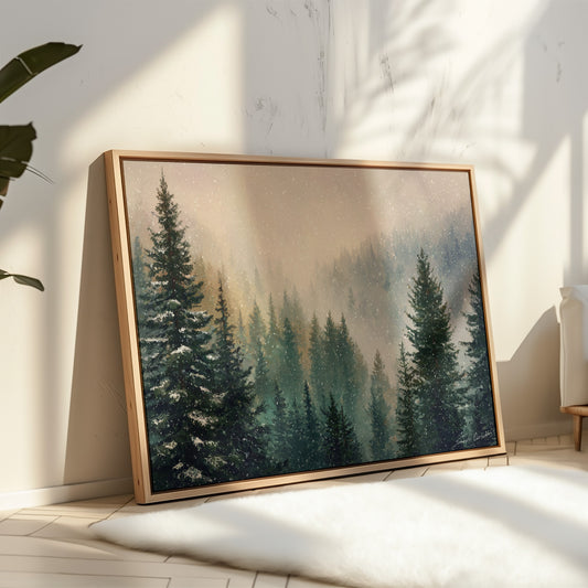 Snow Dances Through Evergreen Light