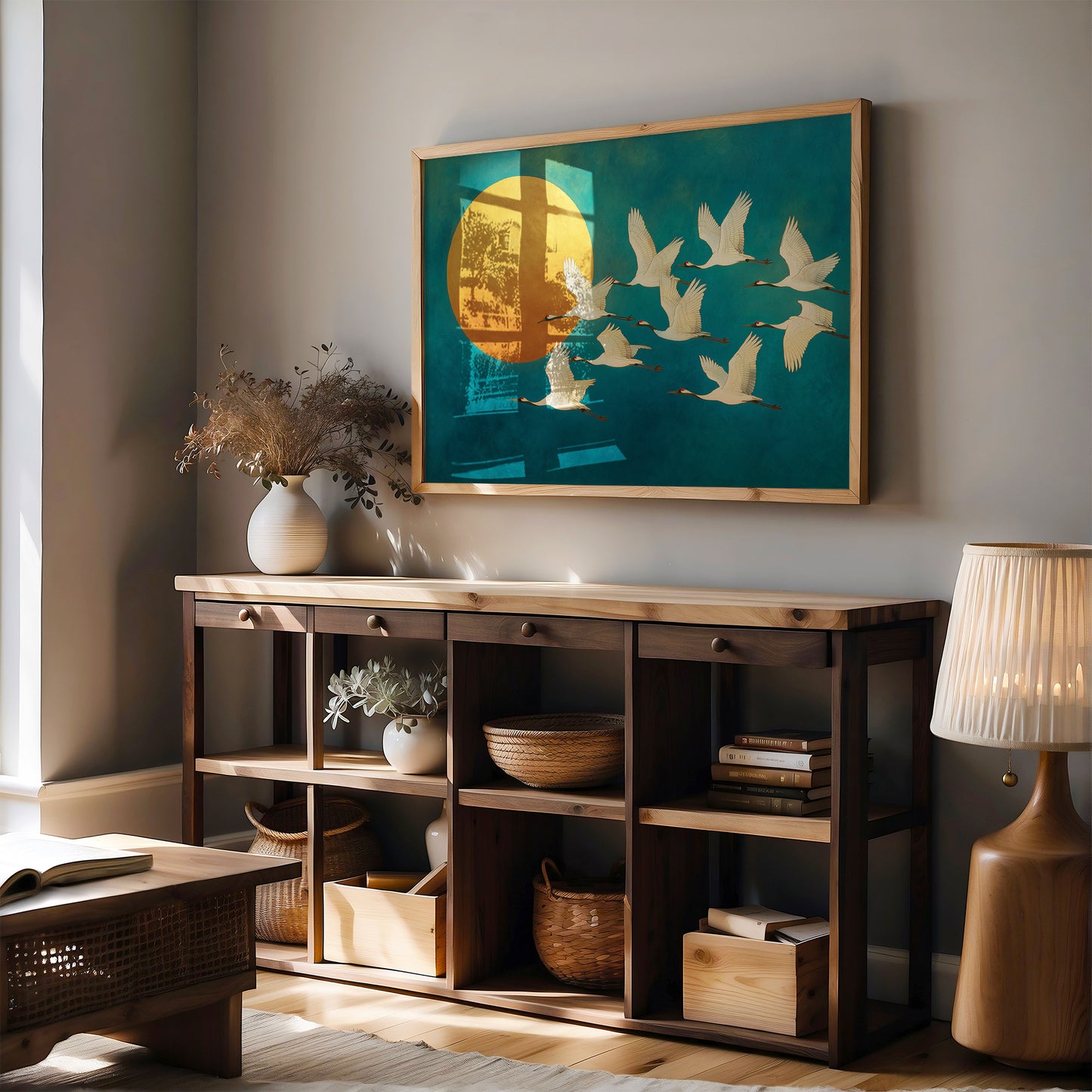 Cranes Dance Against Golden Moon