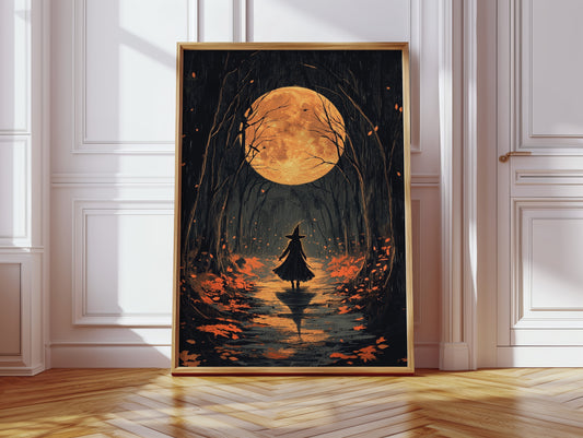 Witch Under Full Moon Art Print - Enchanting Autumn Scene - Gallery Canvas image 12