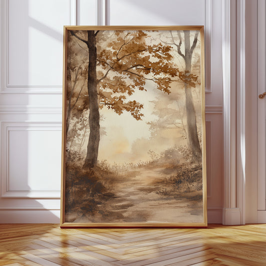 Serene Autumn Forest Pathway - Watercolor Landscape Art - Gallery Canvas image 7