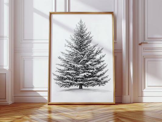 Snow-Covered Pine Tree Drawing - Winter Botanical Art - Gallery Canvas image 12