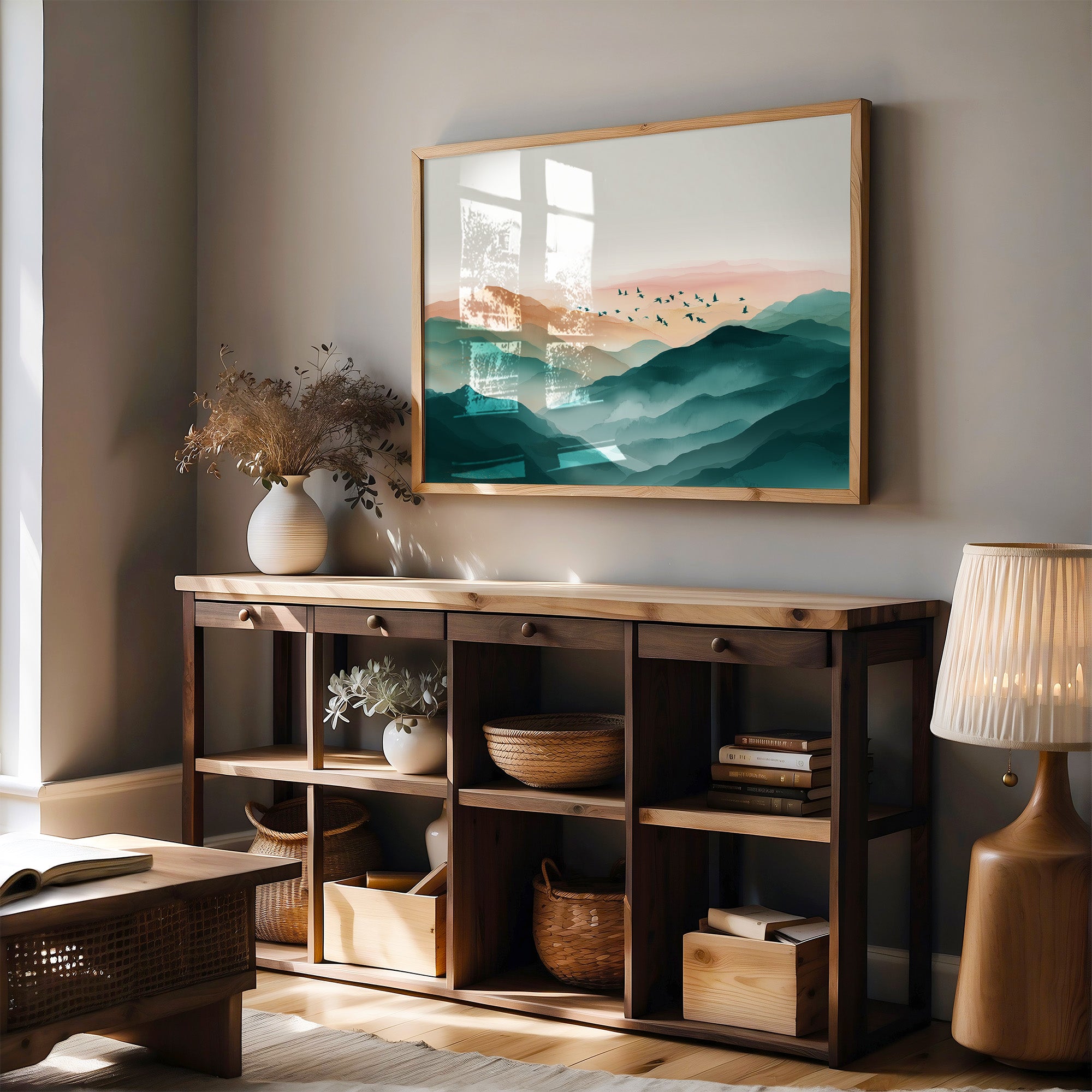 Birds Soar Above Misty Peaks