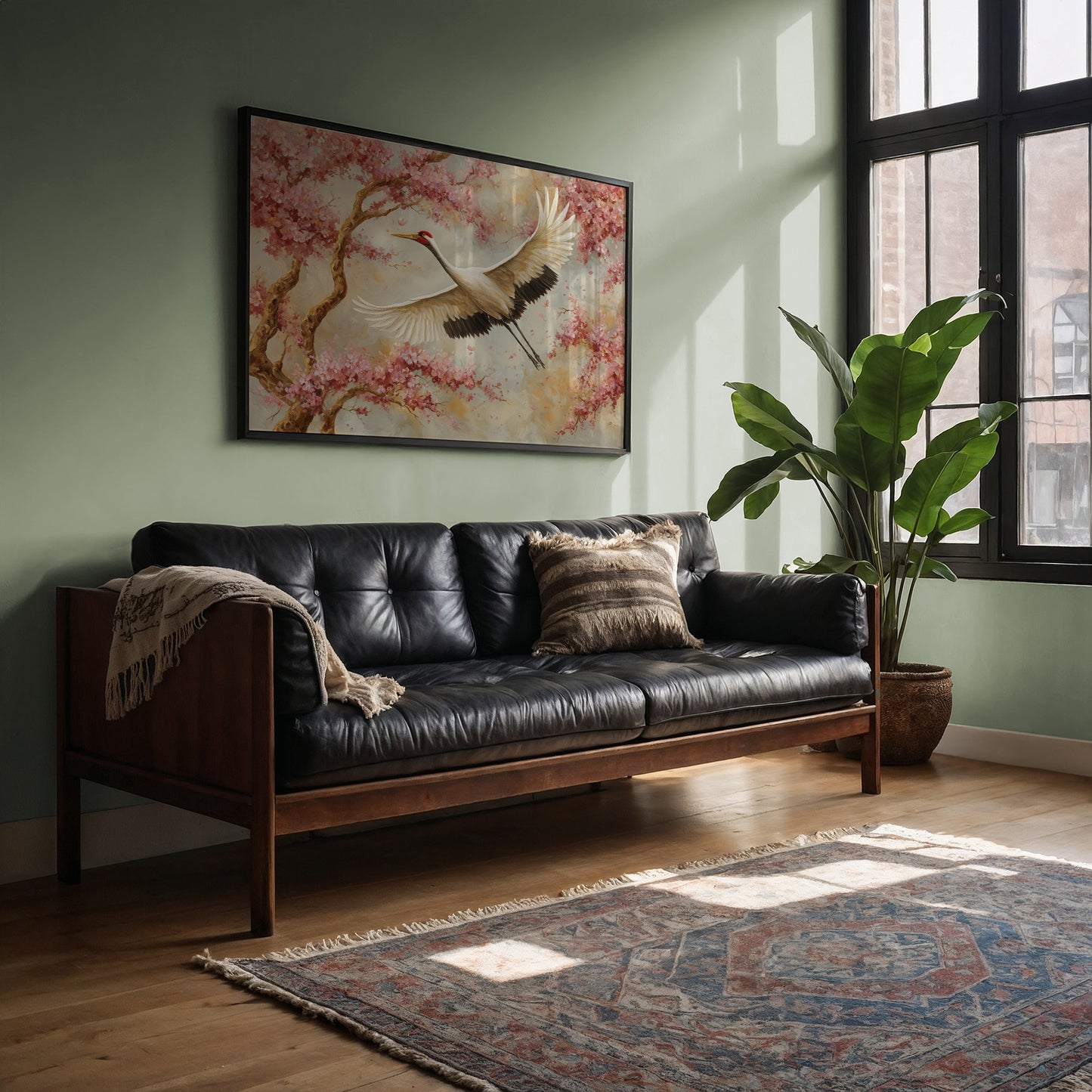 Cherry Blossoms Dance With Crane's Grace