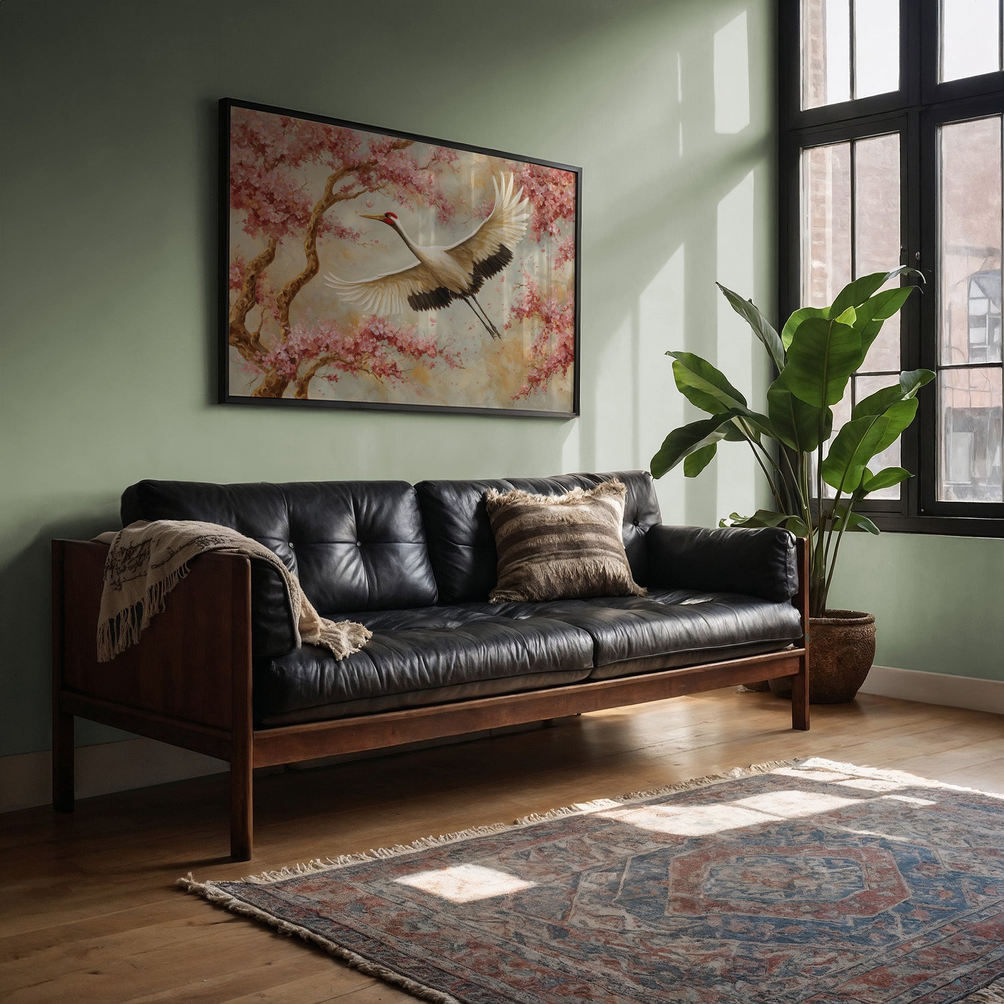 Cherry Blossoms Dance With Crane's Grace