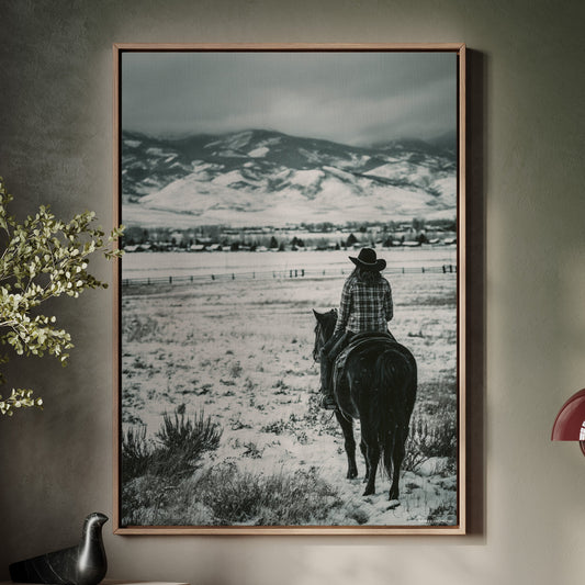 cowboy on the ranch riding horse black and white 