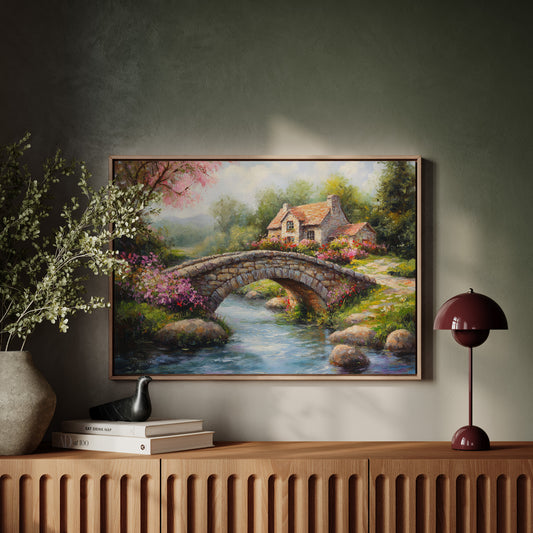 Roses Bloom By Ancient Stone Bridge