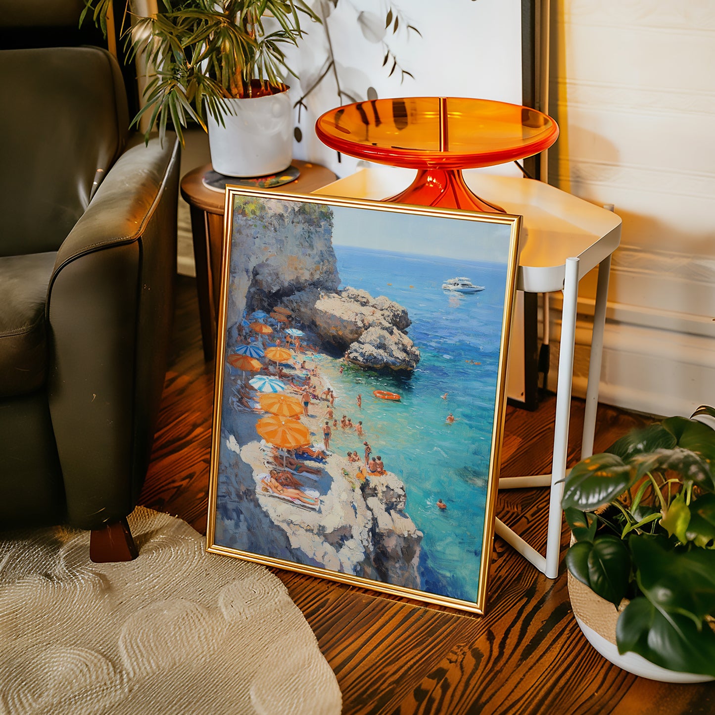 Orange Umbrellas Line Mediterranean Shores