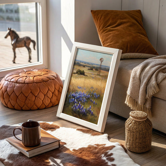 Bluebonnets Dance Near Rustic Windmill