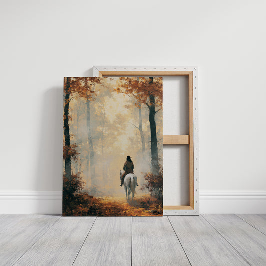 Rider's Path Through Golden Fog