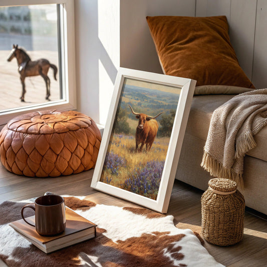 Longhorn Grazes Among Bluebonnet Dreams