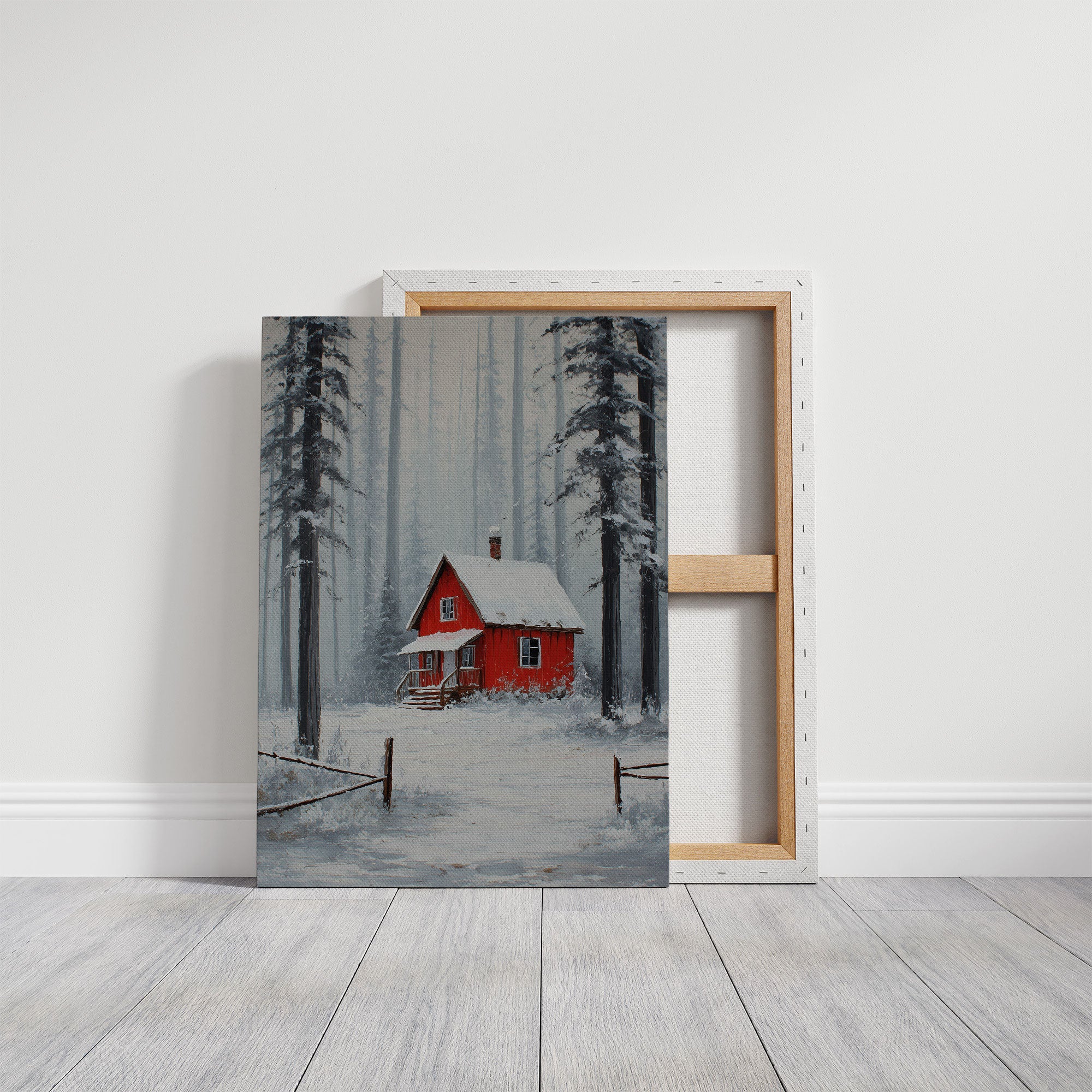 Red Cabin Sleeps In Winter Woods