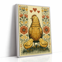 Mother Hen and Chicks — Poppy Border Folk Art Print
