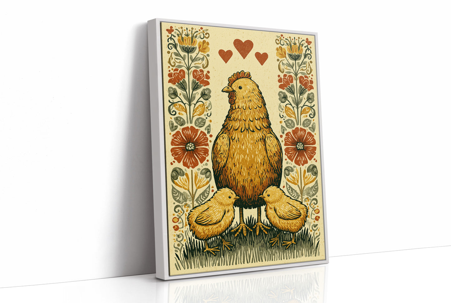 Mother Hen and Chicks — Poppy Border Folk Art Print