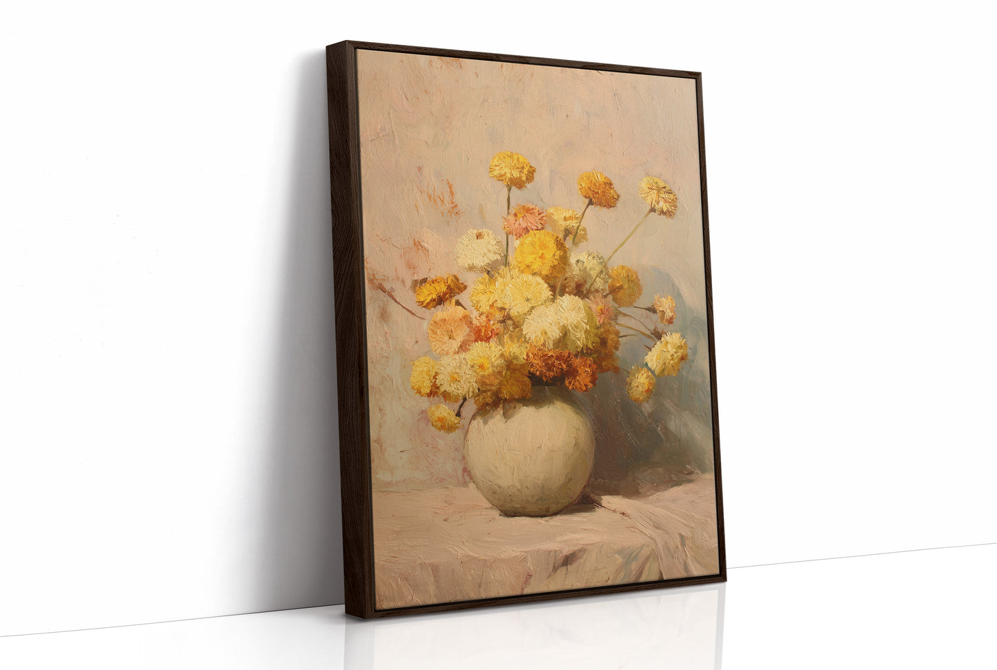 Sunlit Chrysanthemums in Cream Pottery