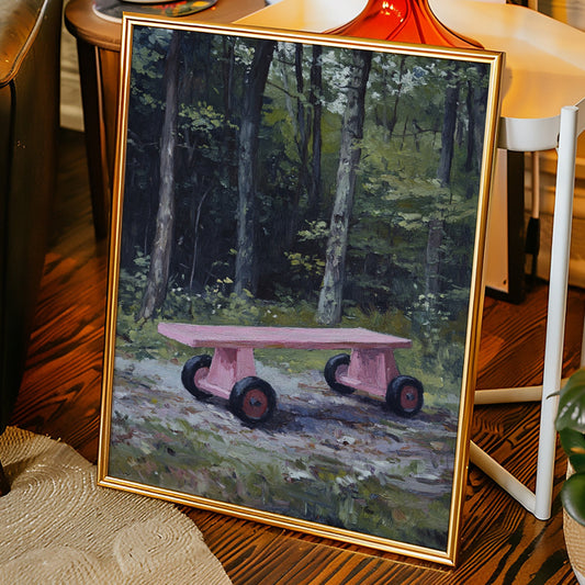 Pink Bench Rests In Forest Shade