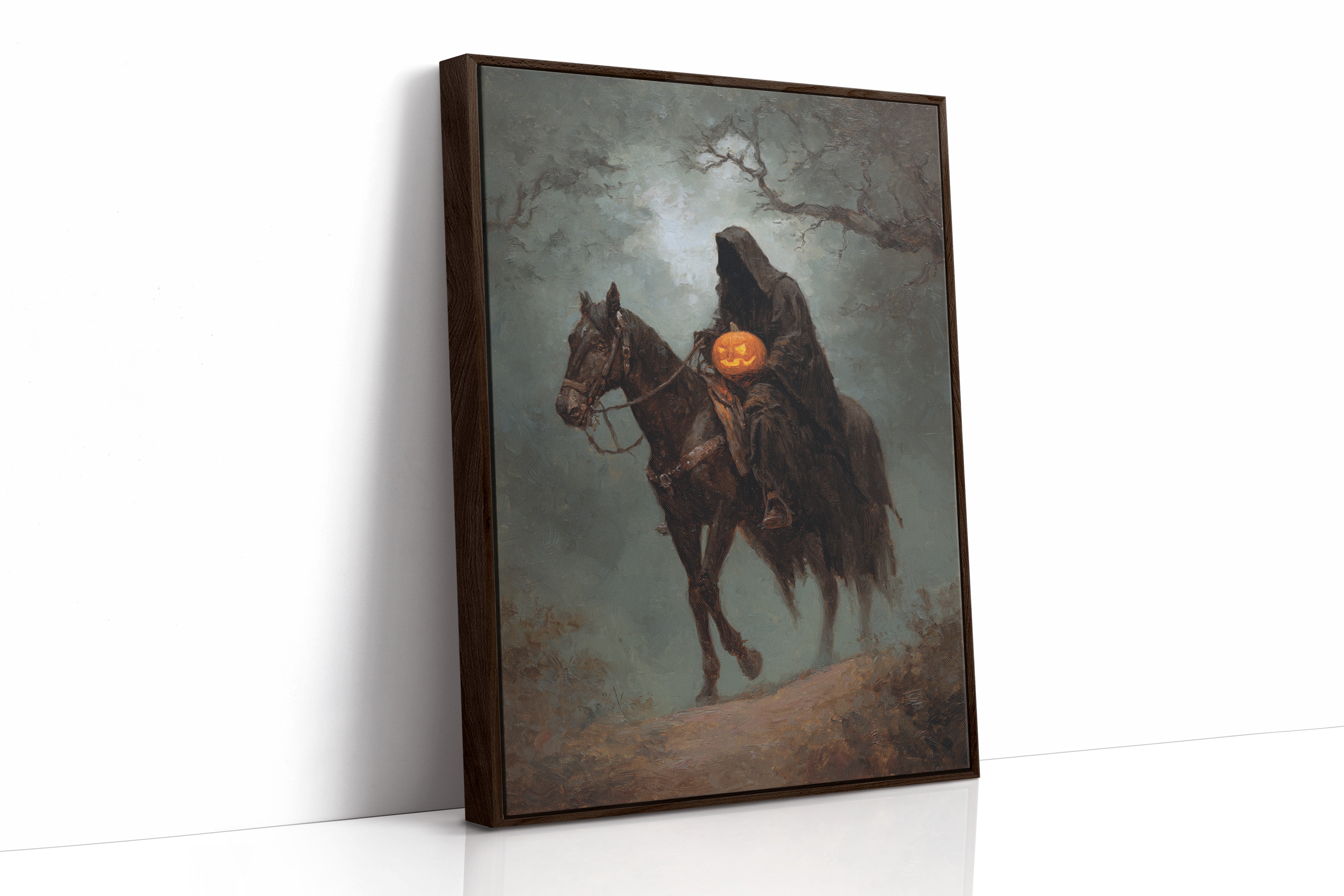 Haunting Rider Halloween Art Print - Gothic Wall Decor - Brown Framed Canvas image 1