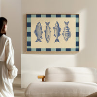 Vintage Fish Quartet on Checkerboard Blue
