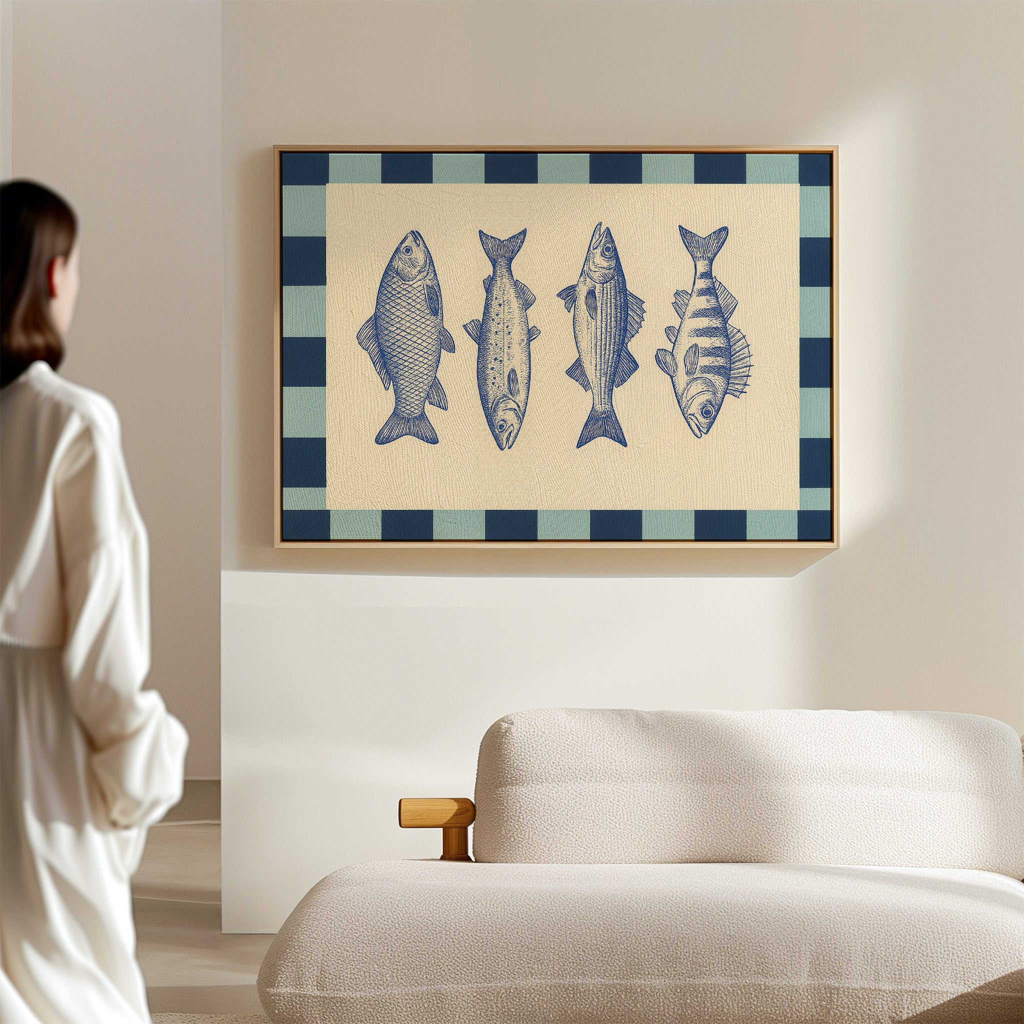 Vintage Fish Quartet on Checkerboard Blue