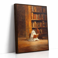 Whimsical Ghost Library Canvas Print - Enchanting Art - Brown Framed Canvas image 1