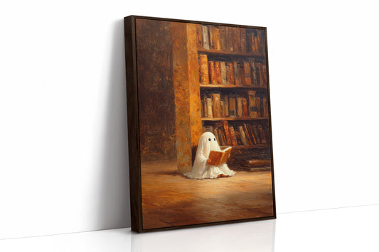 Whimsical Ghost Library Canvas Print - Enchanting Art - Brown Framed Canvas image 1