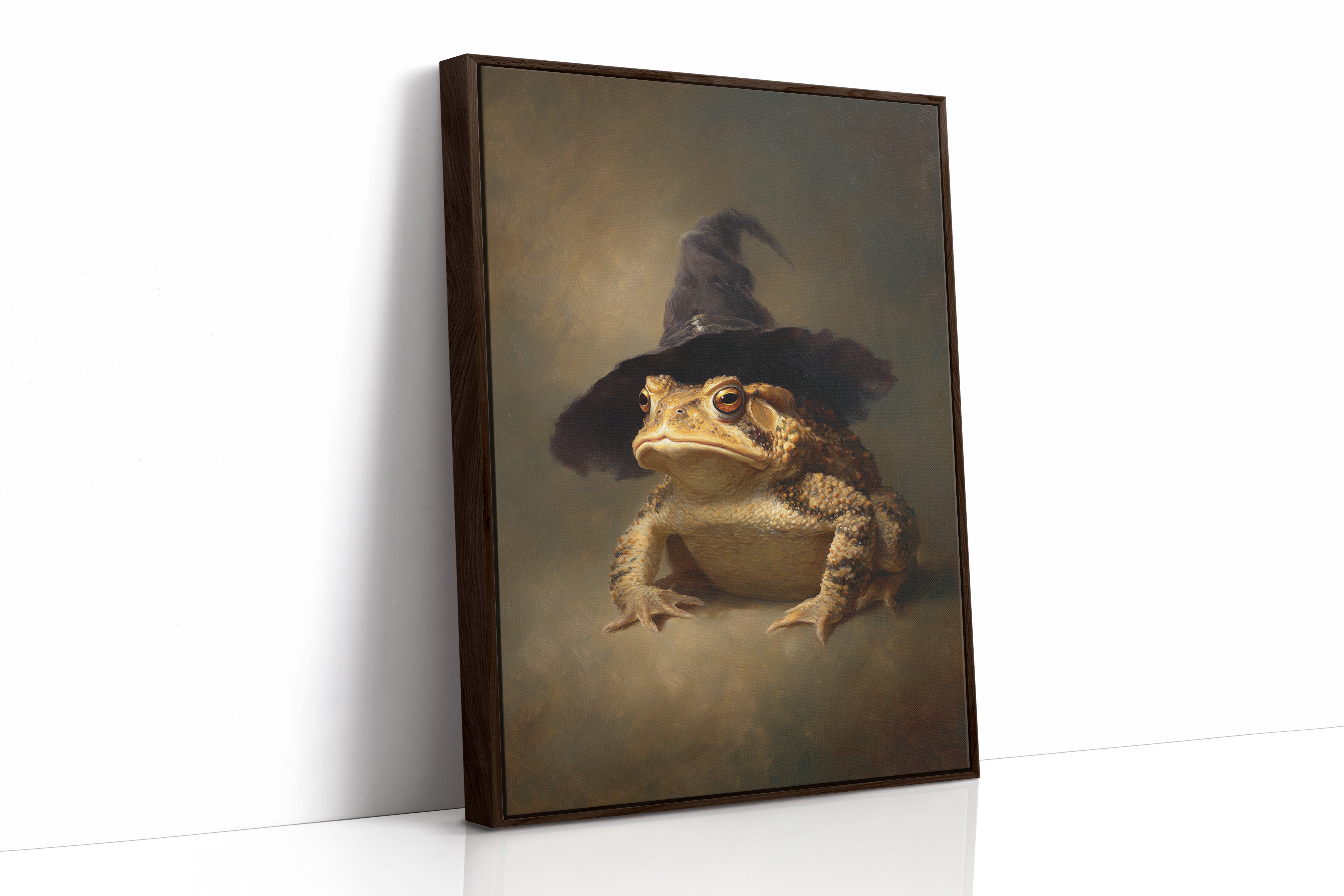Charming Toad Witch Portrait - Whimsical Animal Art - Brown Framed Canvas image 1