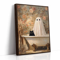 Ghostly Cat In Bathtub Canvas - Whimsical Vintage Art - Brown Framed Canvas image 1