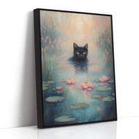 Mystical Black Cat in Water – Dreamy Water Lily Painting