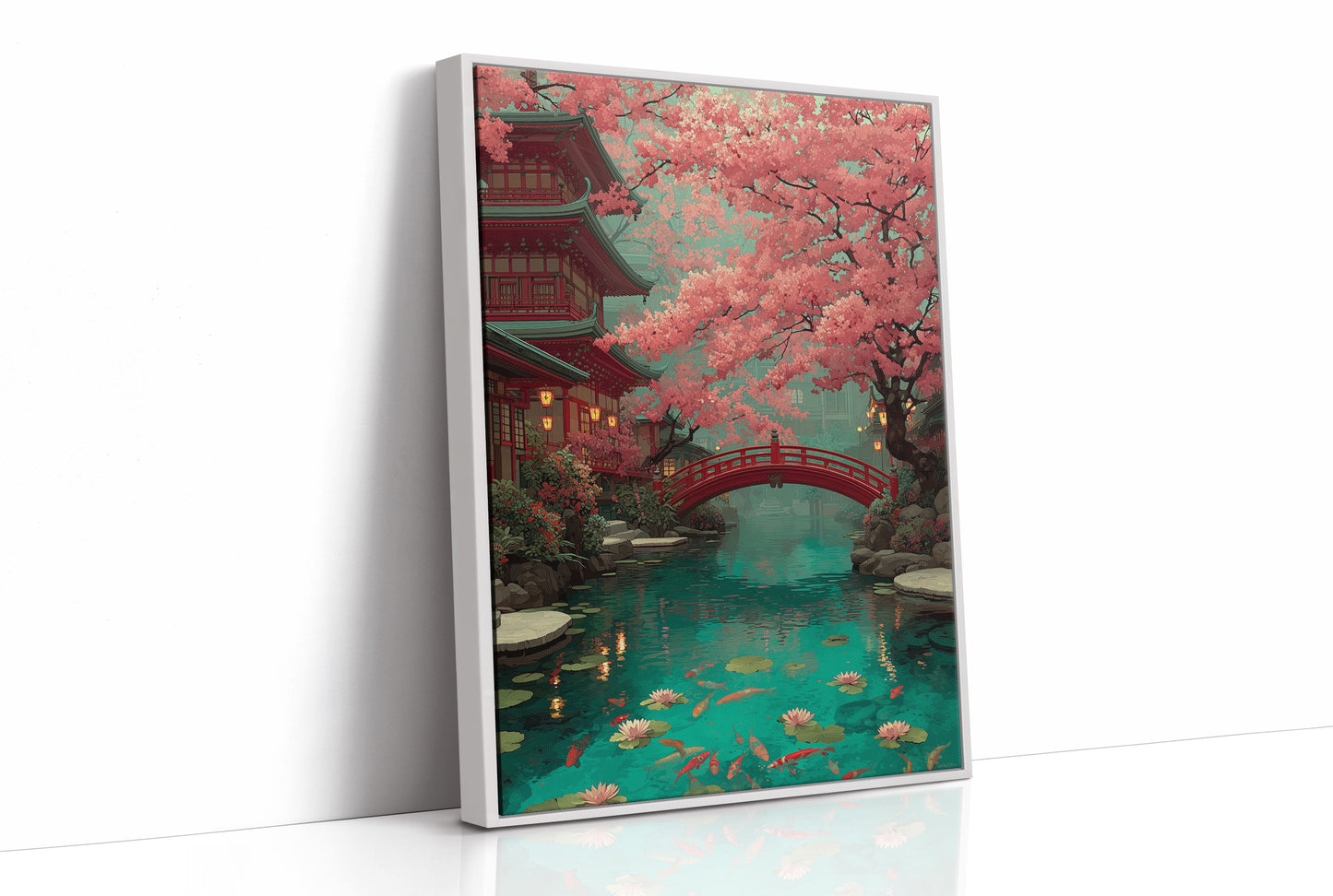 Cherry Blossoms Dance Above Koi Pond