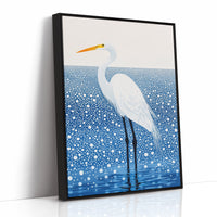 White Egret in Snowfall – Elegant Minimalist Bird Wall Art