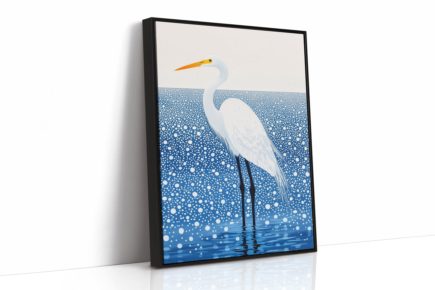 White Egret in Snowfall – Elegant Minimalist Bird Wall Art