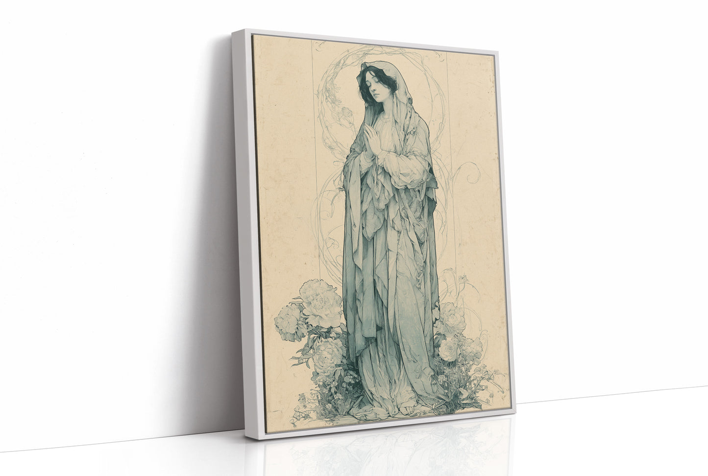 Madonna Among Peonies — Pre-Raphaelite Devotional Drawing