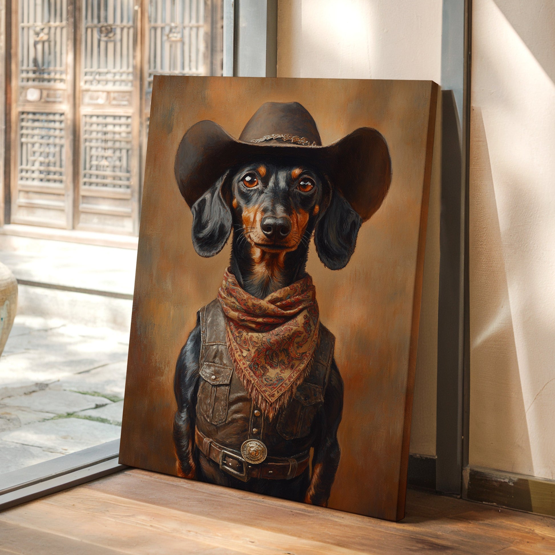 Cowboy Dachshund in Leather and Lace