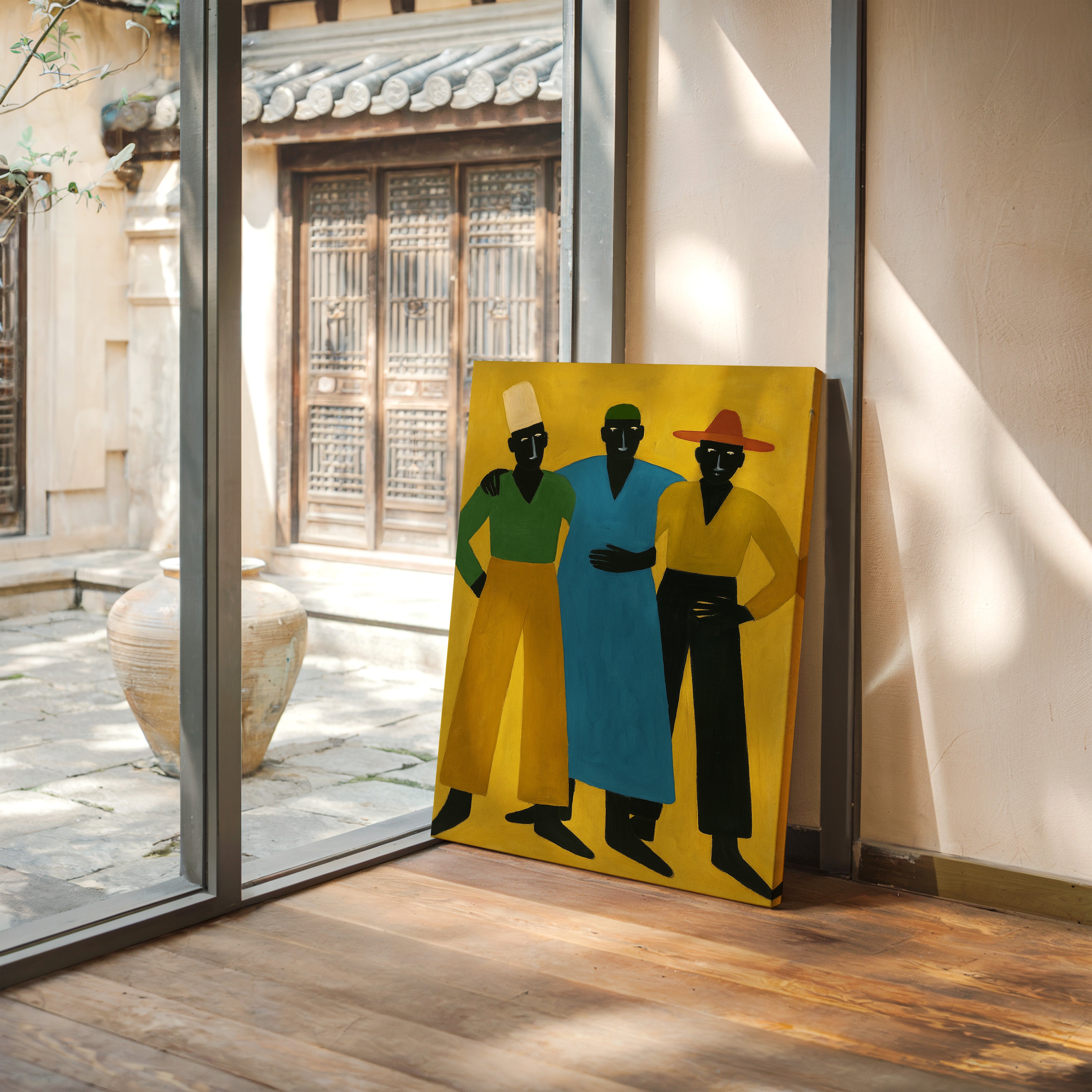Three Figures Stand In Golden Light
