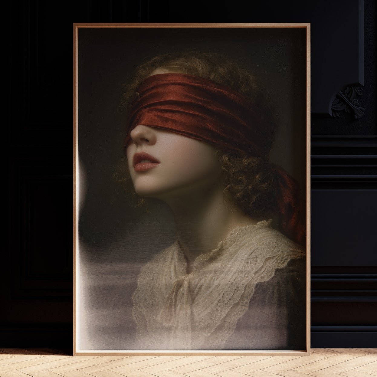 Crimson Blindfold Against Lace Collar