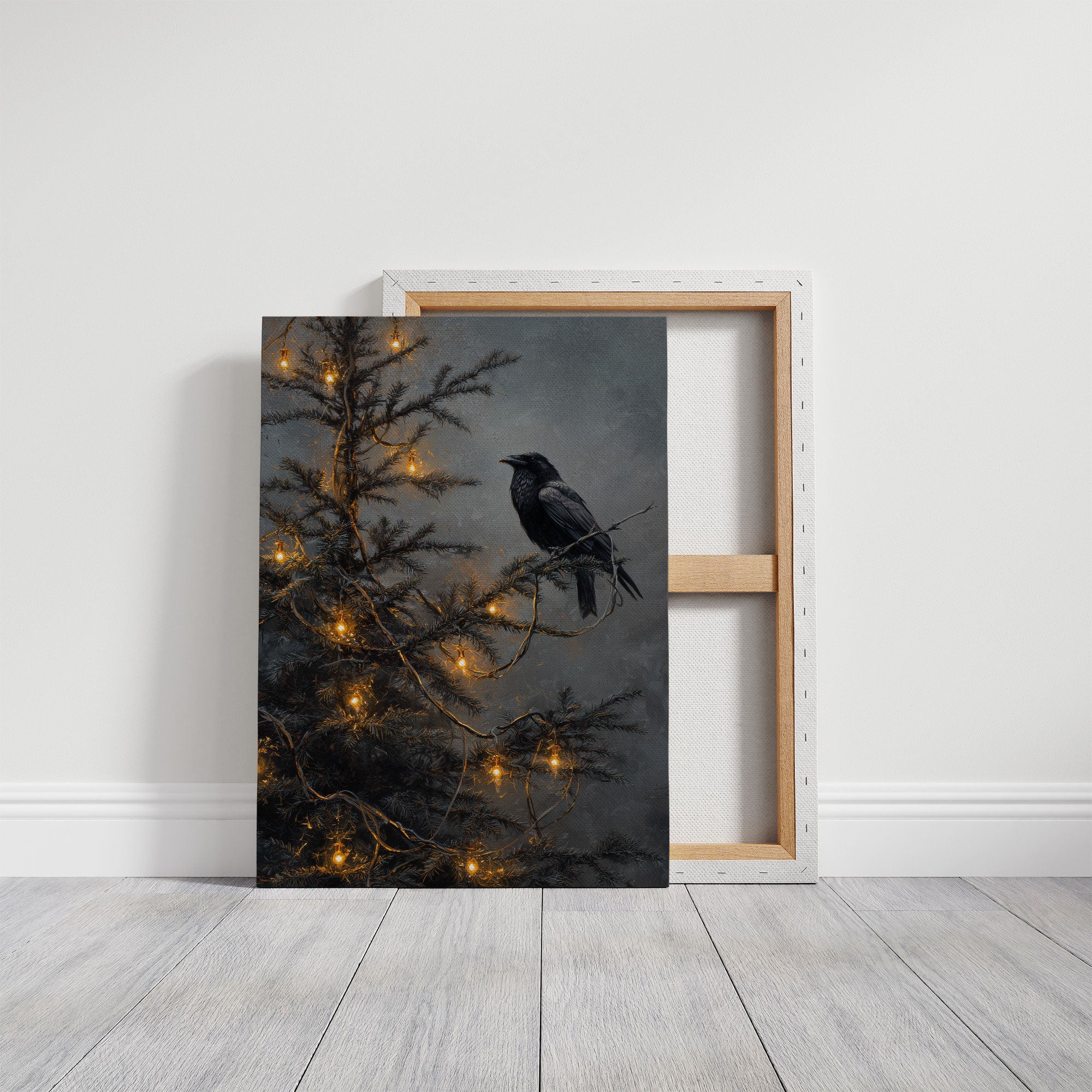 Raven Perches Among Winter Lights