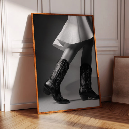 Framed mirror on a wall with a reflection of a person wearing black boots.