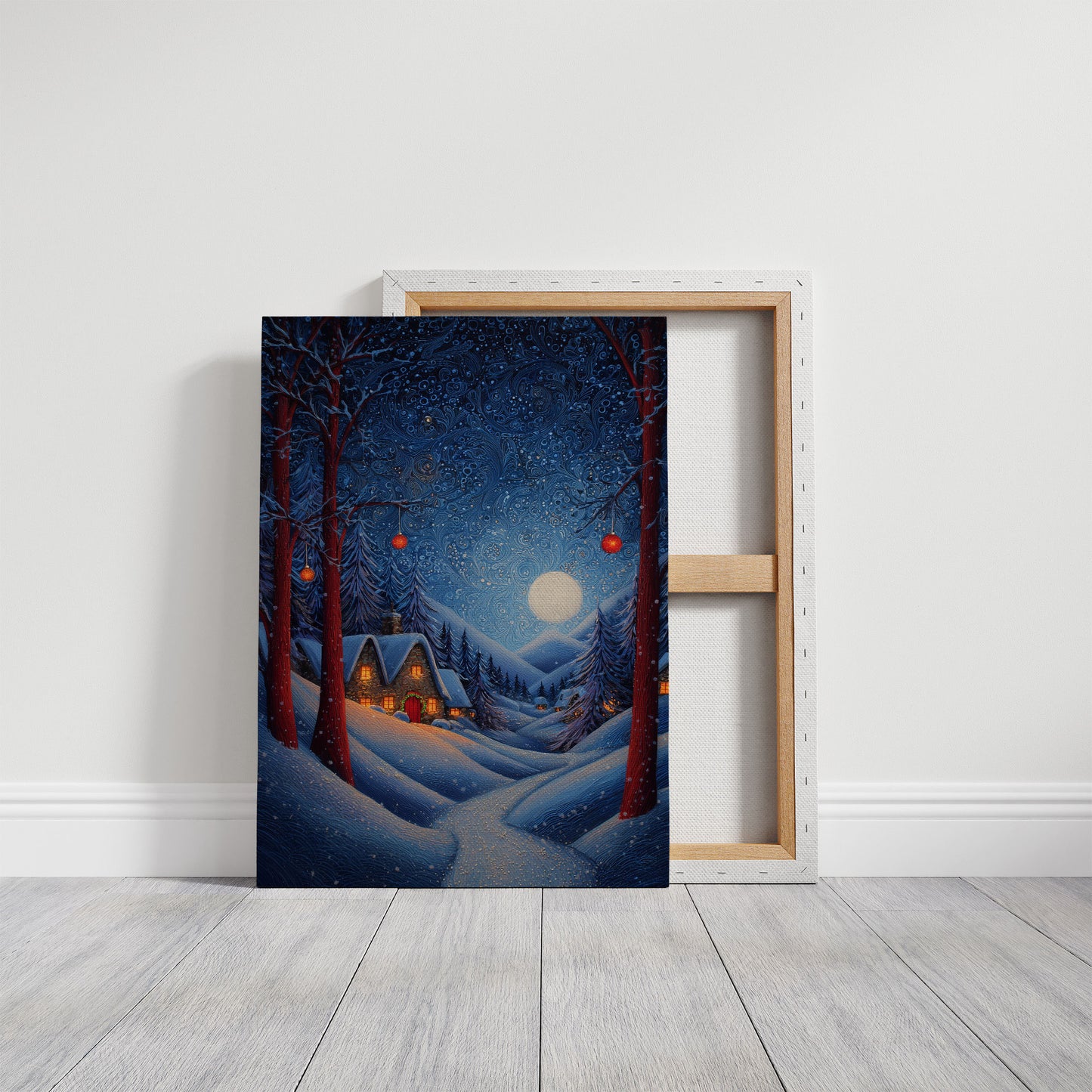 Moonlit Cabins Between Winter Pines