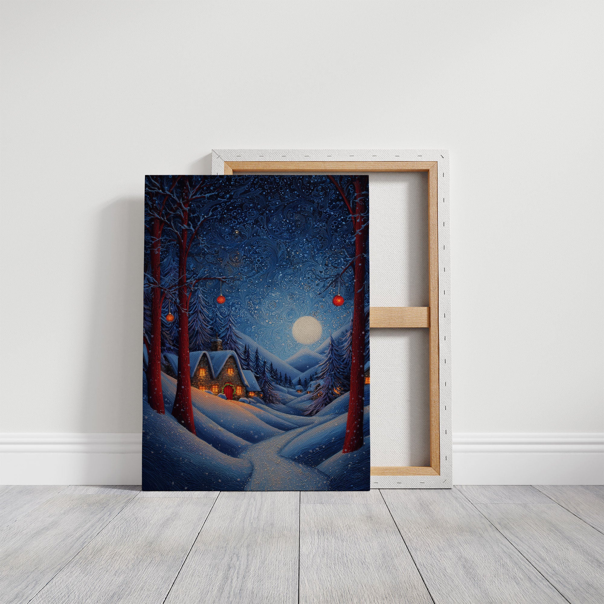Moonlit Cabins Between Winter Pines